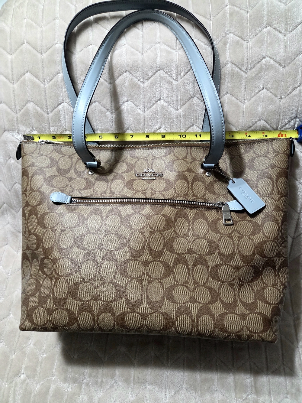 Coach Signature Canvas Gallery Tote in Brown with Light Blue Trim